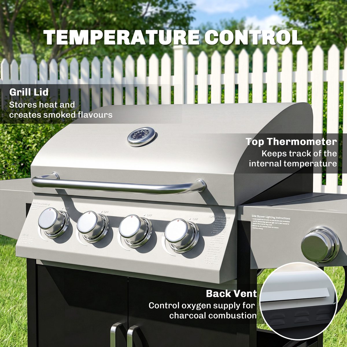  4+1 Burner Liquid Propane Gas Grill, Outdoor Portable BBQ Grill with Side Burner, Warming Rack, Side Shelf