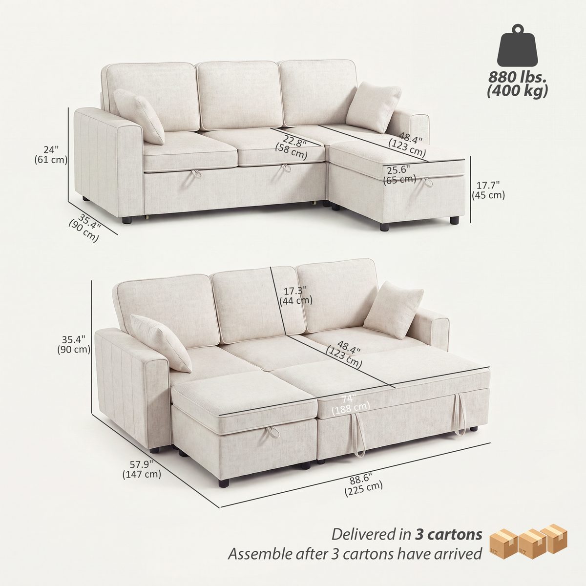  Modular Sectional Sofa Bed with Reversible Storage Ottoman, Pull Out Sleeper Sofa with Spring Cushion, Beige