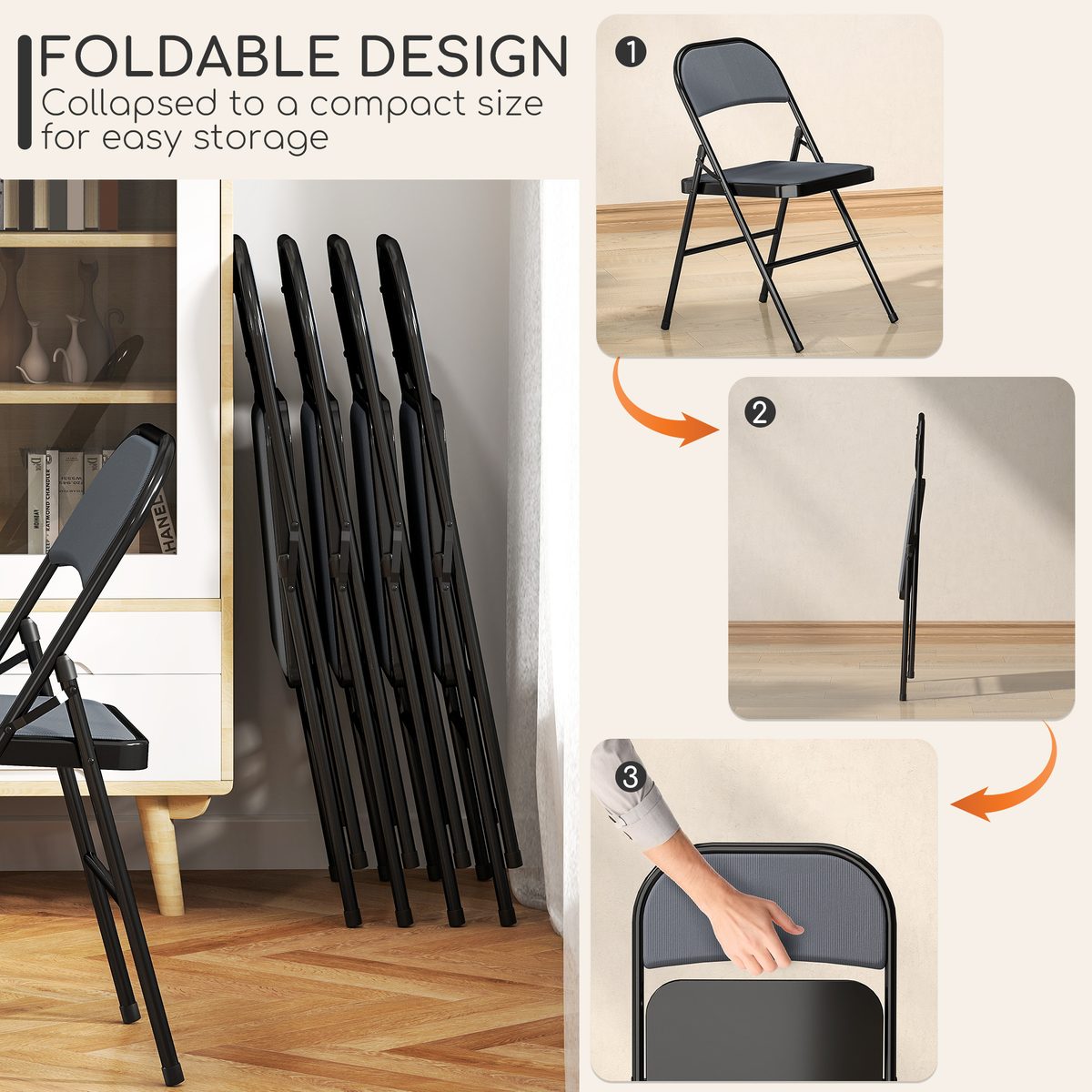  Set of 4 Metal Foldable Chairs, Corduroy Padded Folding Chairs with Cushion Seat and Open Back for Indoor, Grey