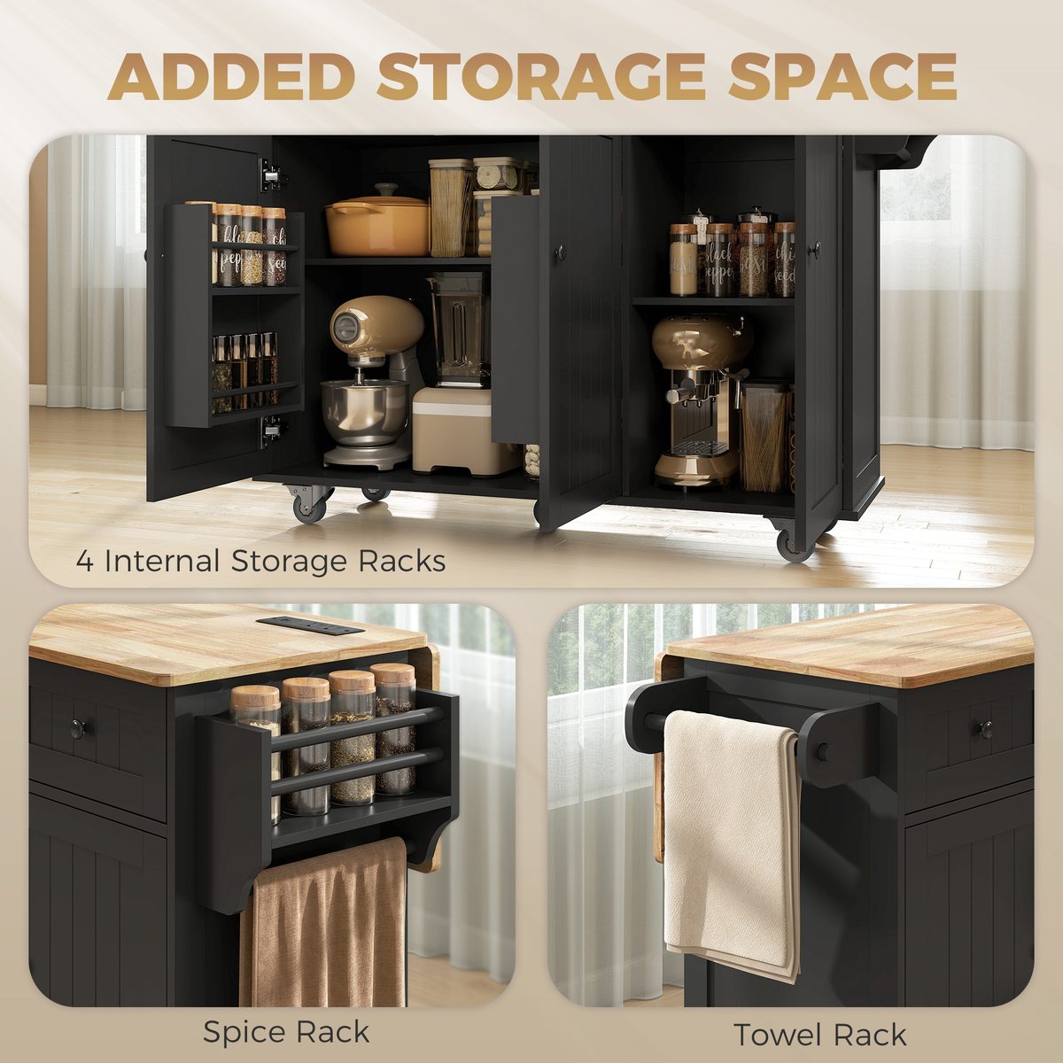  Kitchen Island on Wheels with Drop Leaf, Charging Station, Rolling Kitchen Cart with Wood Top, Adjustable Shelf, Black