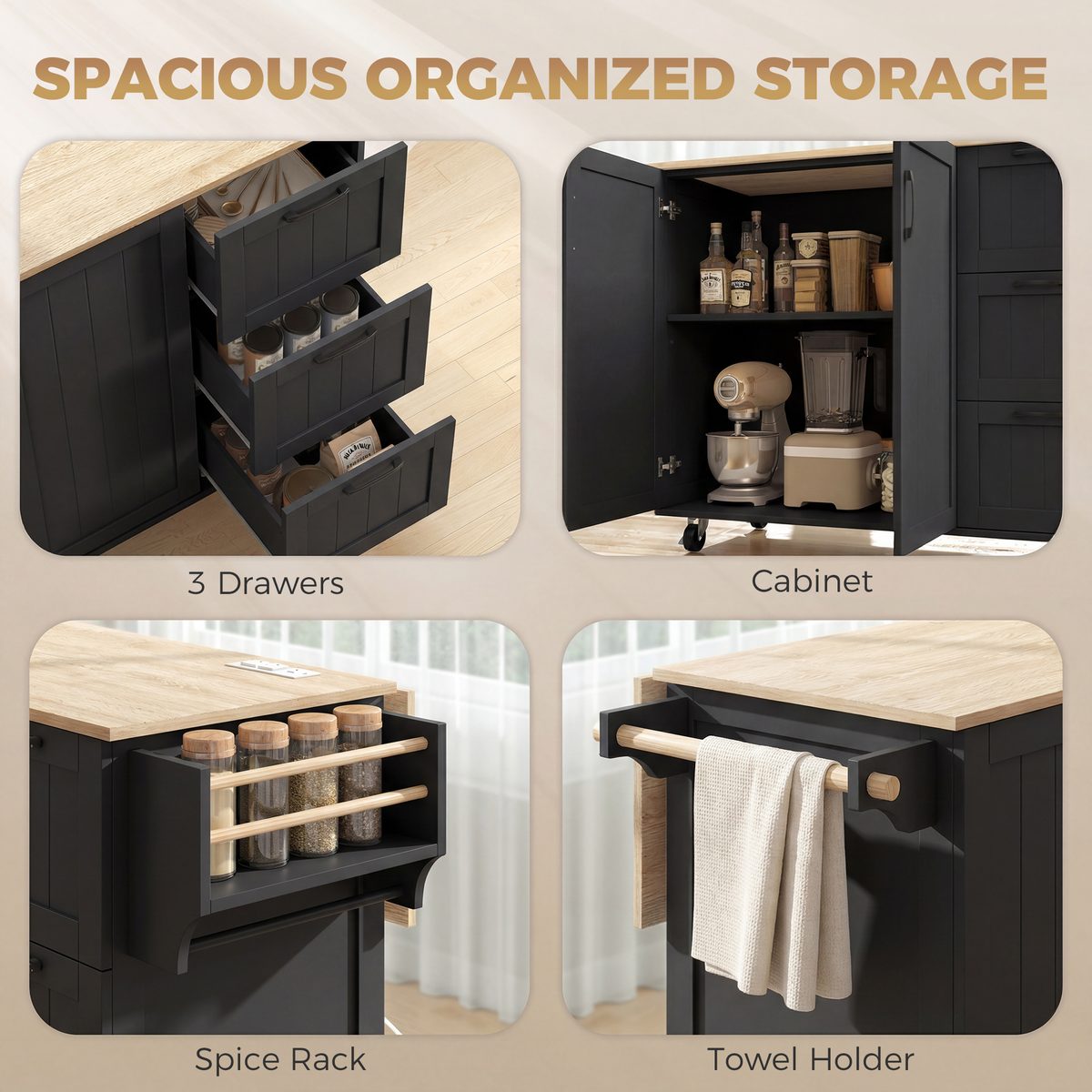  Kitchen Island with Drop Leaf, Rolling Kitchen Cart with Power Outlet, Cabinet, 3 Drawers, Spice Rack, Towel Bar, Black