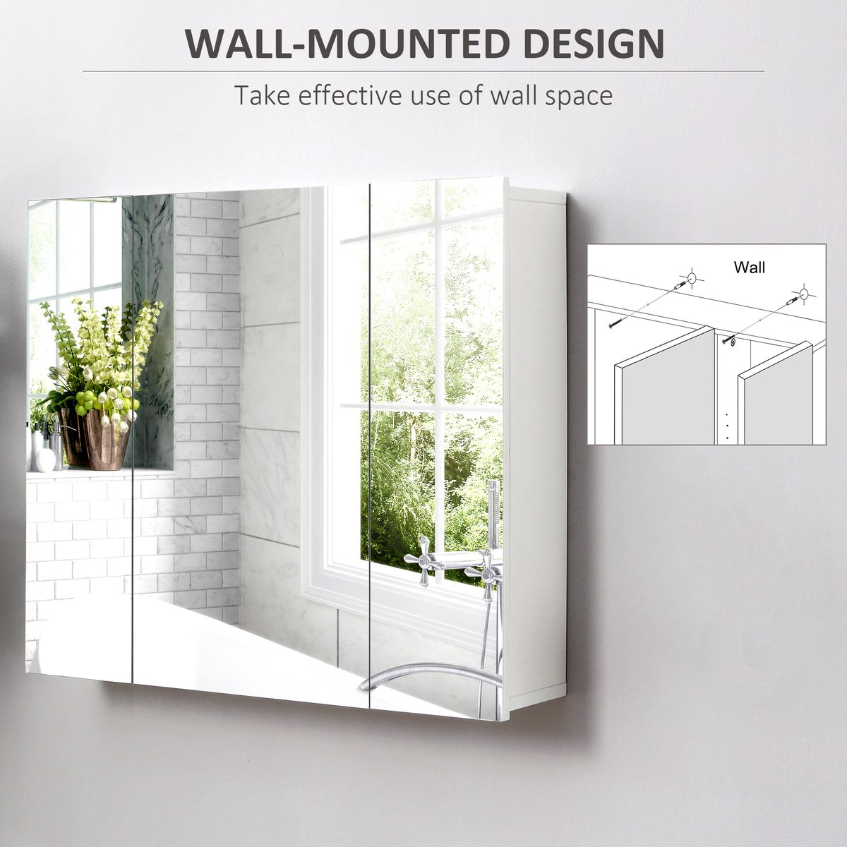  28" x 24" Wall Mounted Mirror Cabinet, Bathroom Medicine Cabinet with Mirror, 3 Doors and Adjustable Shelves, White