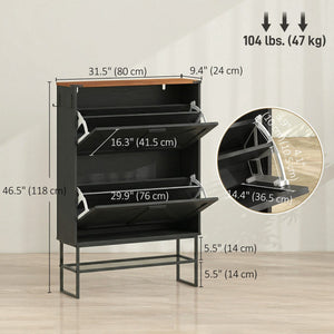  Narrow Shoe Storage Cabinet with 2 Flip Drawers, Slim Shoe Cabinet for 15-20 Pairs, Black Wood Grain