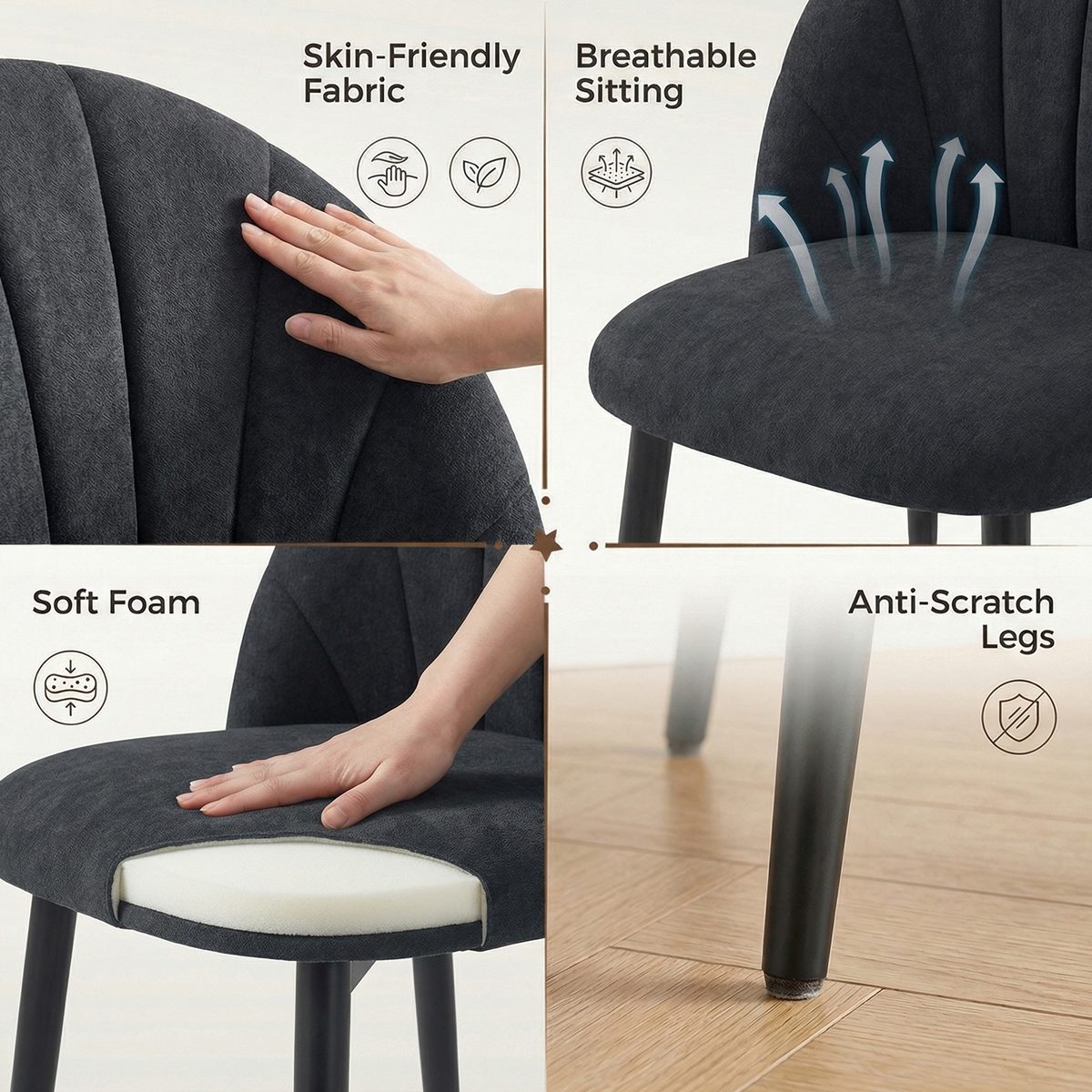  Modern Dining Chairs Set of 4, Upholstered Dining Room Chairs with Metal Legs, Shell Backrest, Padded Seat, Black