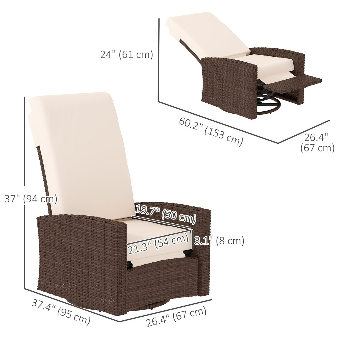  Outdoor Rattan Wicker Lounge Chair with Footrest & Soft Cushion for Patio, Garden, Backyard, Cream White
