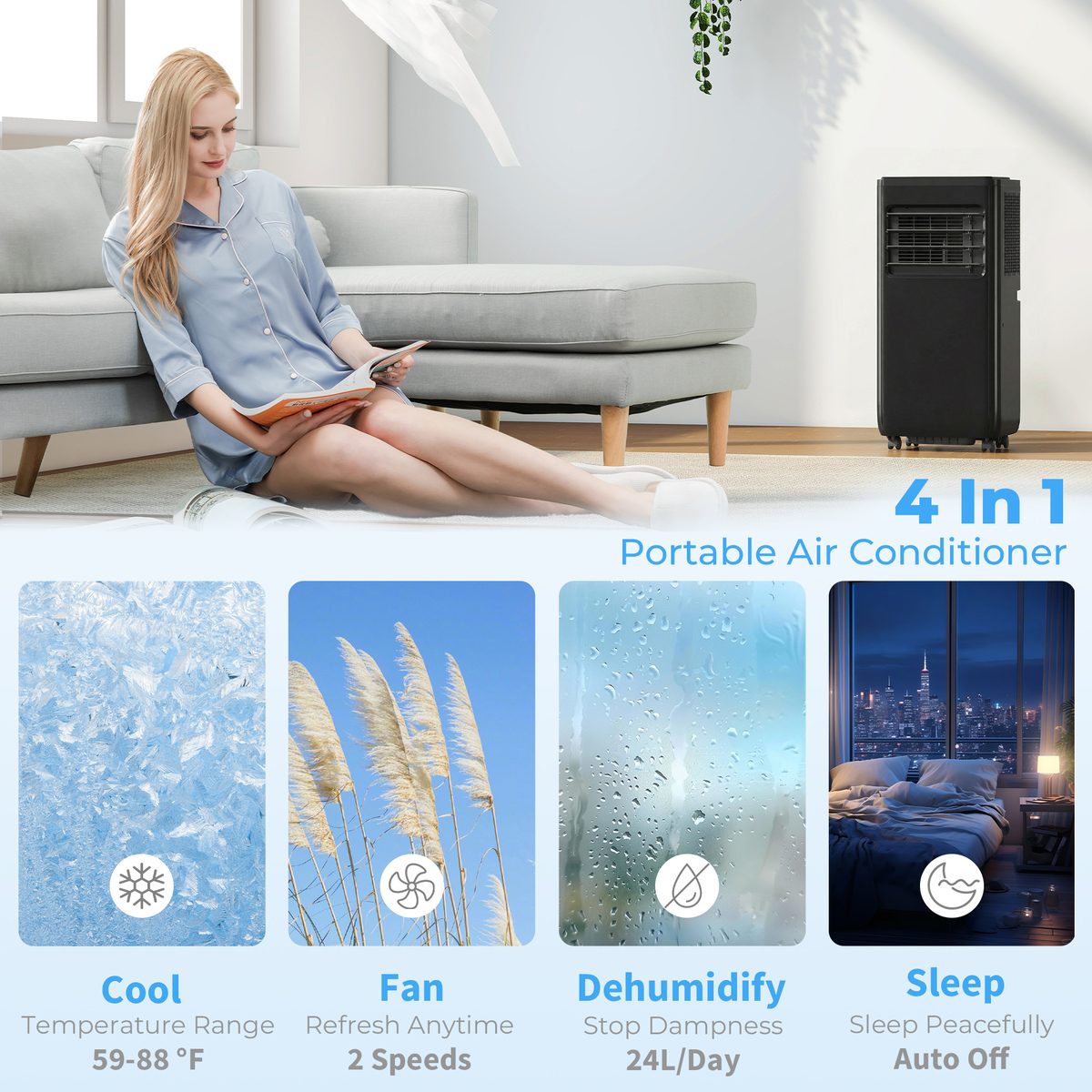 8000 BTU Portable 4-in-1 Air Conditioner with Cool, Dehumidifier, Fan, Sleep, WiFi Voice Remote Control, Black
