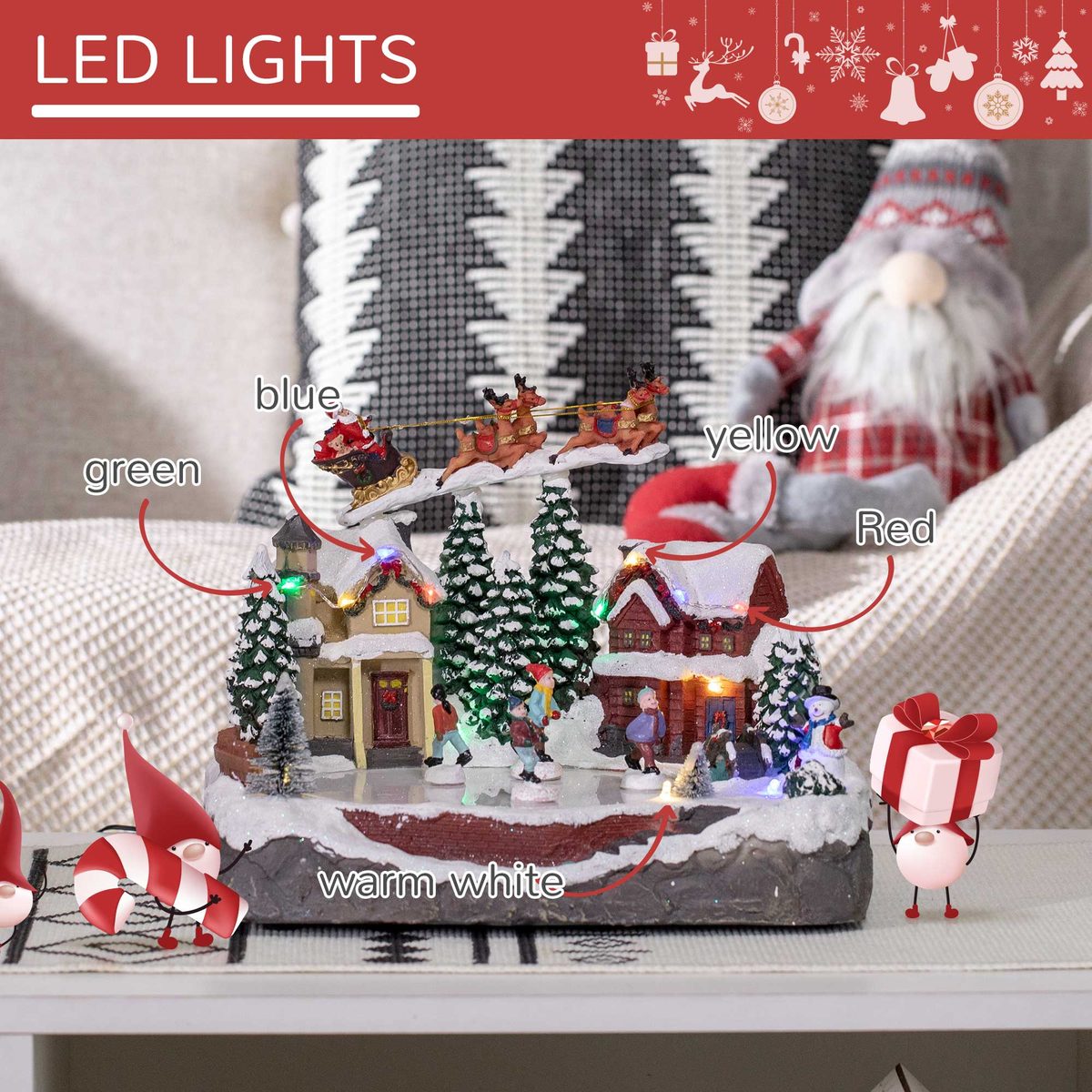 Christmas Village, Santa and Deer Skating Pond Animated Winter Wonderland Set with Multicolored LED Light, Plug-In Christmas Decoration