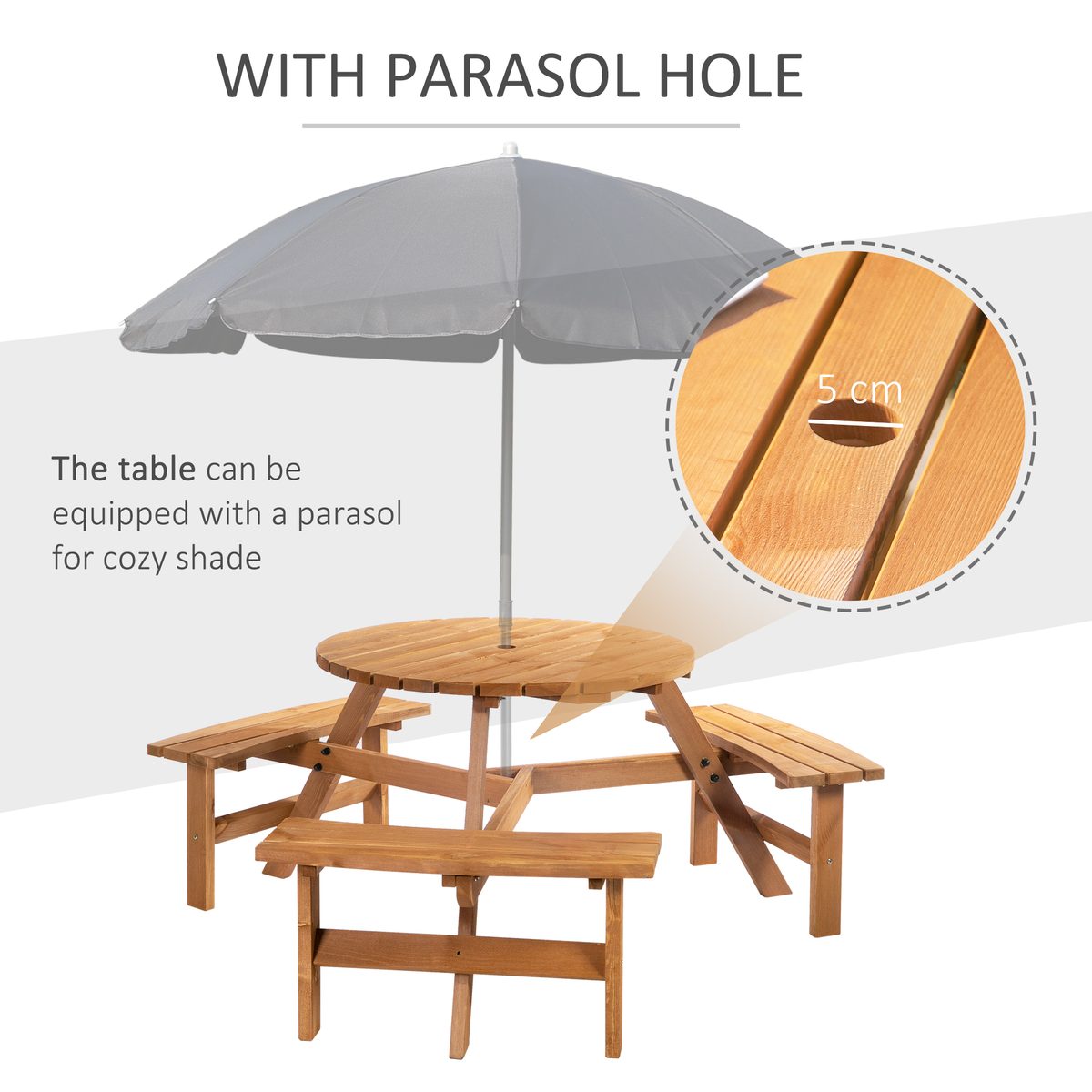  6 Person Round Picnic Table Bench Set with Umbrella Hole, Wood Patio Table with 3 Built-in Benches for Garden, Deck, Backyard, Brown
