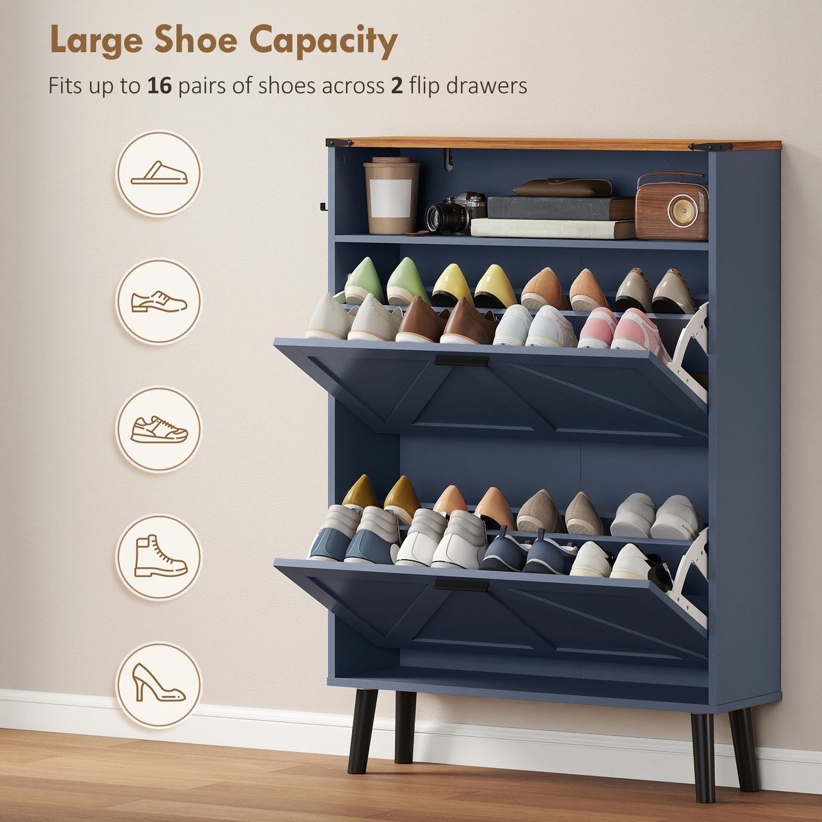  Shoe Storage Cabinet with 2 Flip Drawers, Farmhouse Narrow Shoe Cabinet, Holds Up to 16 Pairs, Blue