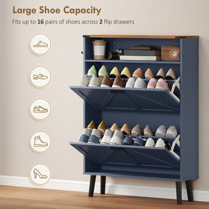  Shoe Storage Cabinet with 2 Flip Drawers, Farmhouse Narrow Shoe Cabinet, Holds Up to 16 Pairs, Blue