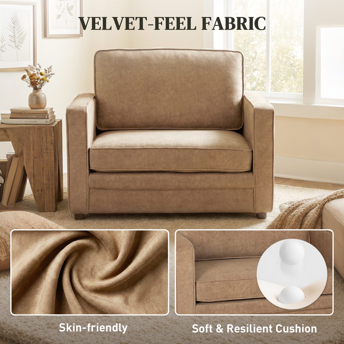  Accent Chair, Velvet-feel Fabric Armchair with Wide Seat, Spring Cushion, Solid Wood legs, Brown