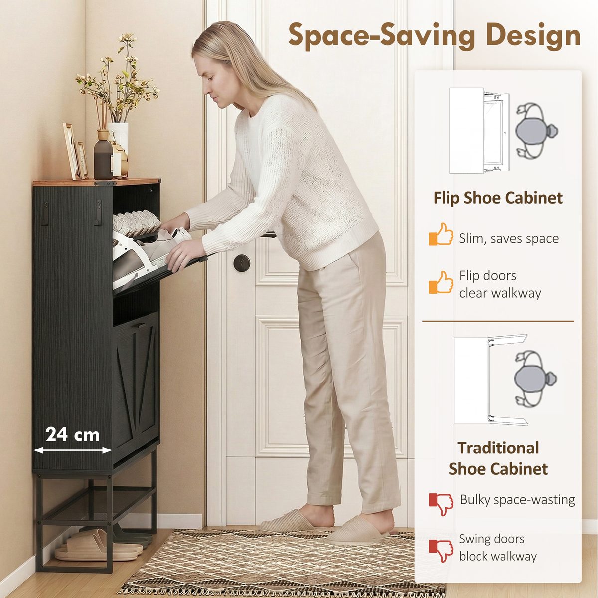  Narrow Shoe Storage Cabinet with 2 Flip Drawers, Slim Shoe Cabinet for 15-20 Pairs, Black Wood Grain