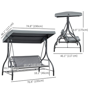  Convertible Patio Swing Bed with Canopy and Cushions, 3 Seater Porch Swing for Outdoor, Backyard, Garden, Dark Grey