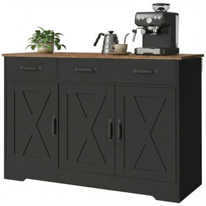  Sideboard Buffet Cabinet, 43" Farmhouse Kitchen Cabinet with 3 Barn Doors, 2 Drawers, 2 Adjustable Shelves, Black