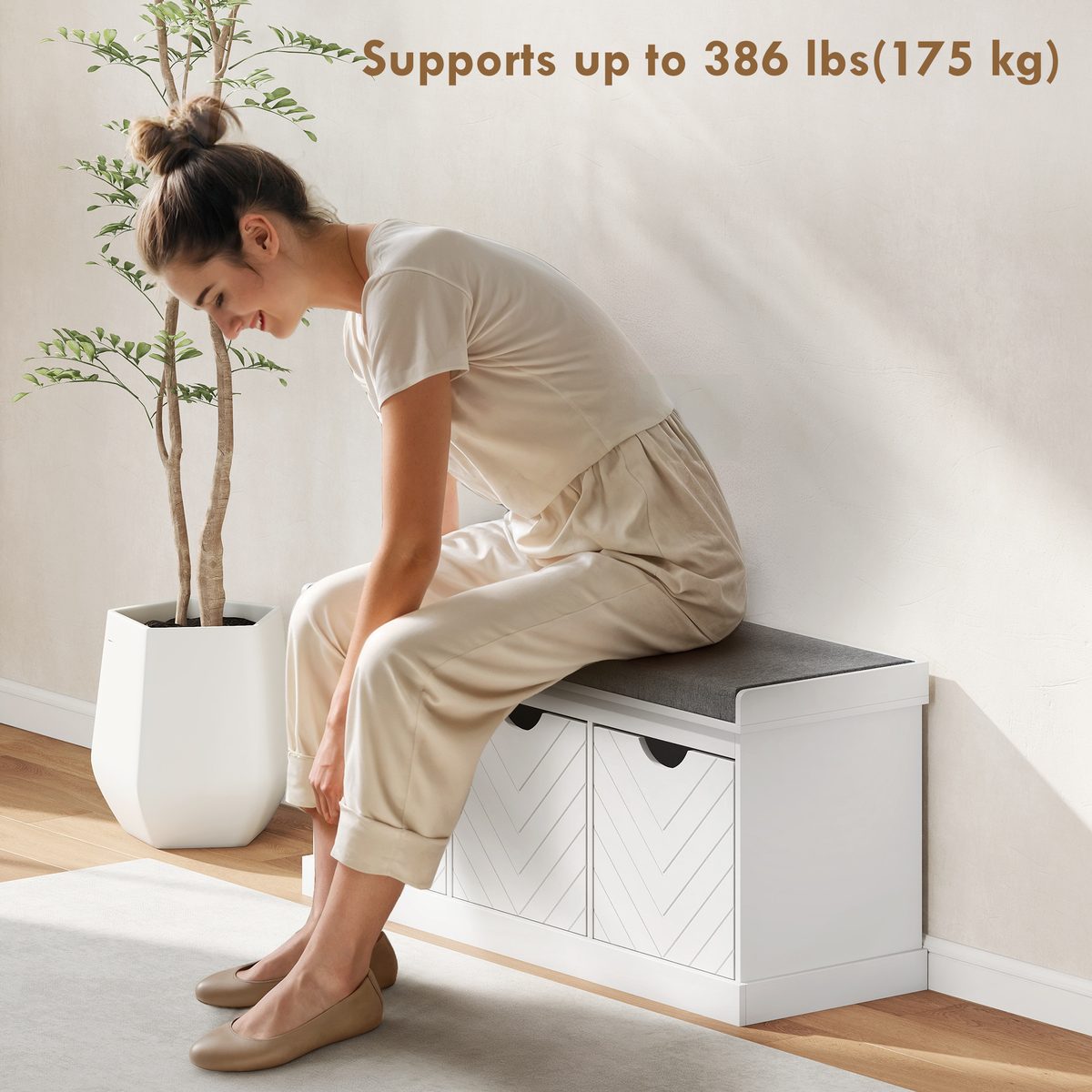  Shoe Storage Bench, Linen-Look Entryway Bench with 3 Removable Drawers and Padded Seat Cushion for Hallway, White