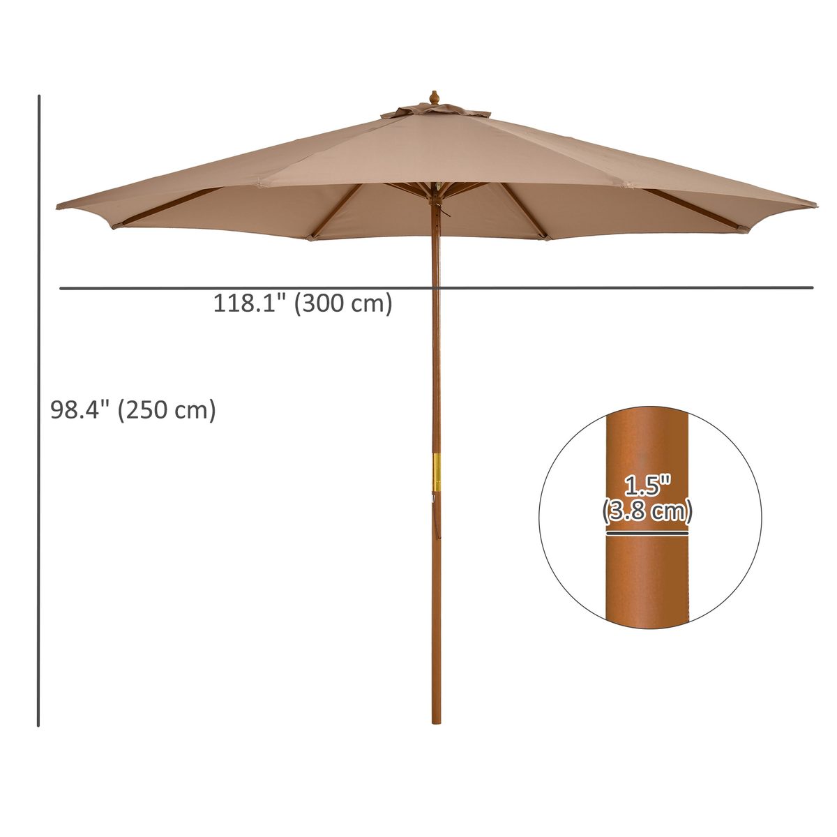 10' x 8' Wooden Patio Umbrella, Garden Parasol, Outdoor Sunshade Canopy with Bamboo Rib for Outdoor, Khaki