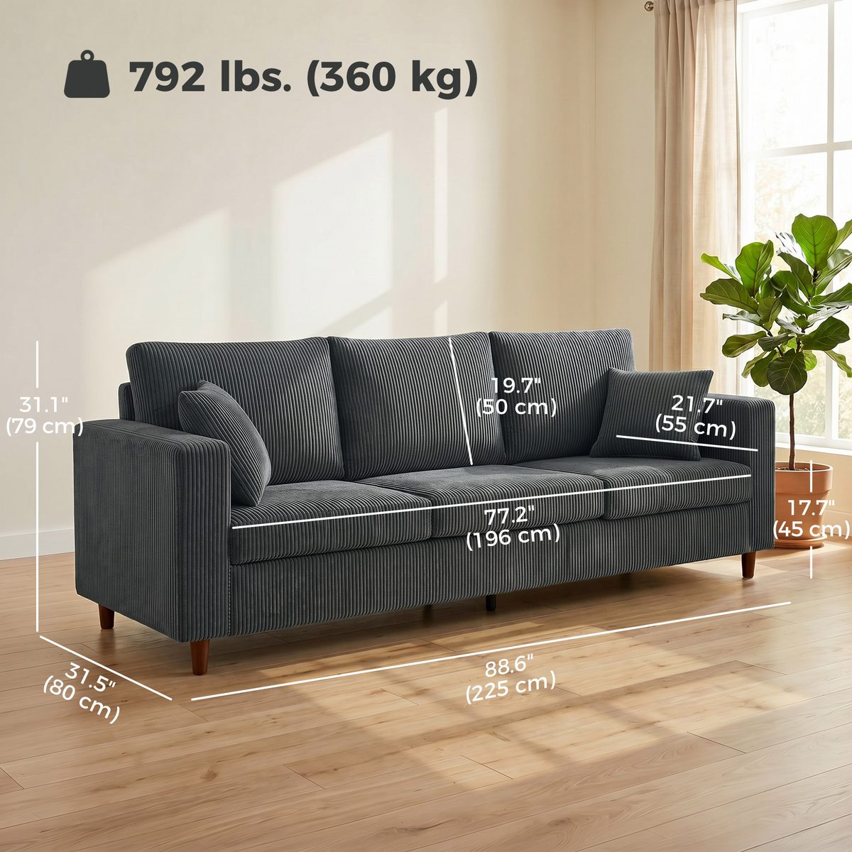  3 Seater Sofa with Wide Seat, Corduroy Couch with Deep Seat, Spring Cushion, Dark Grey