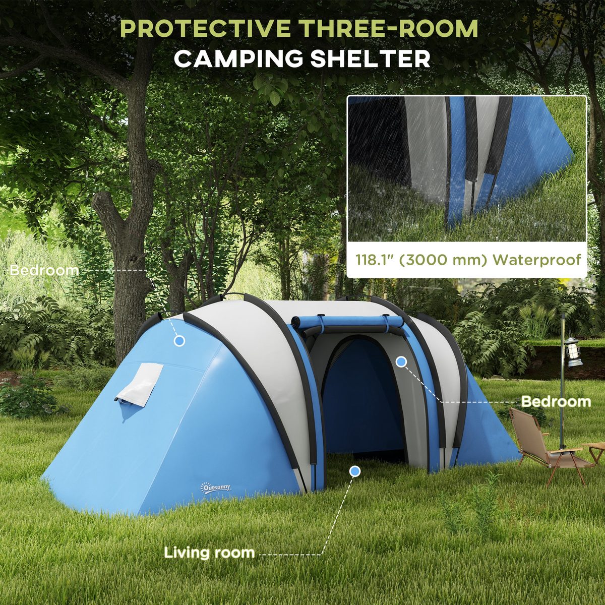  Camping Tent with 2 Bedrooms and Living Area, 3000mm Waterproof Family Tent, for Fishing Hiking Festival, Blue