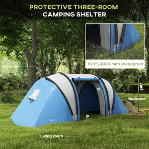  Camping Tent with 2 Bedrooms and Living Area, 3000mm Waterproof Family Tent, for Fishing Hiking Festival, Blue