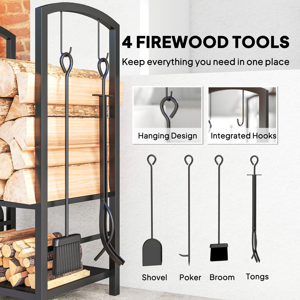  2-Tier Firewood Log Rack with 4 Tools, Fireplace Wood Storage Holder with Shovel, Broom, Poker, Tongs and Hooks, Black