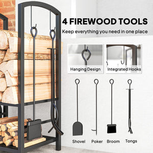  2-Tier Firewood Log Rack with 4 Tools, Fireplace Wood Storage Holder with Shovel, Broom, Poker, Tongs and Hooks, Black