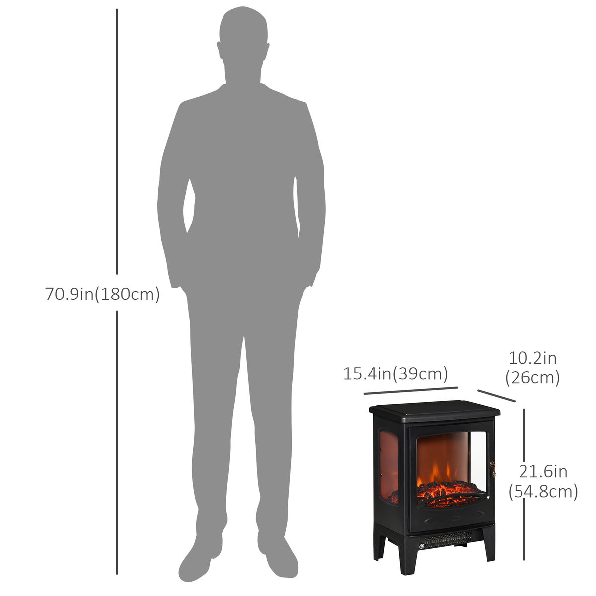  Electric Fireplace Heater, Freestanding Fireplace Stove with Realistic Adjustable Flame Effect and Adjustable Temperature, Overheating Safety Protection, 750W/1500W, Black