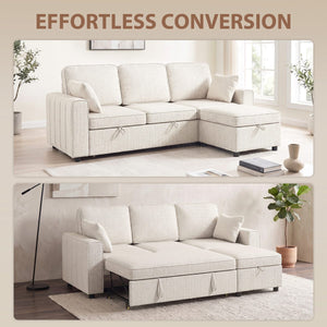  Modular Sectional Sofa Bed with Reversible Storage Ottoman, Pull Out Sleeper Sofa with Spring Cushion, Beige