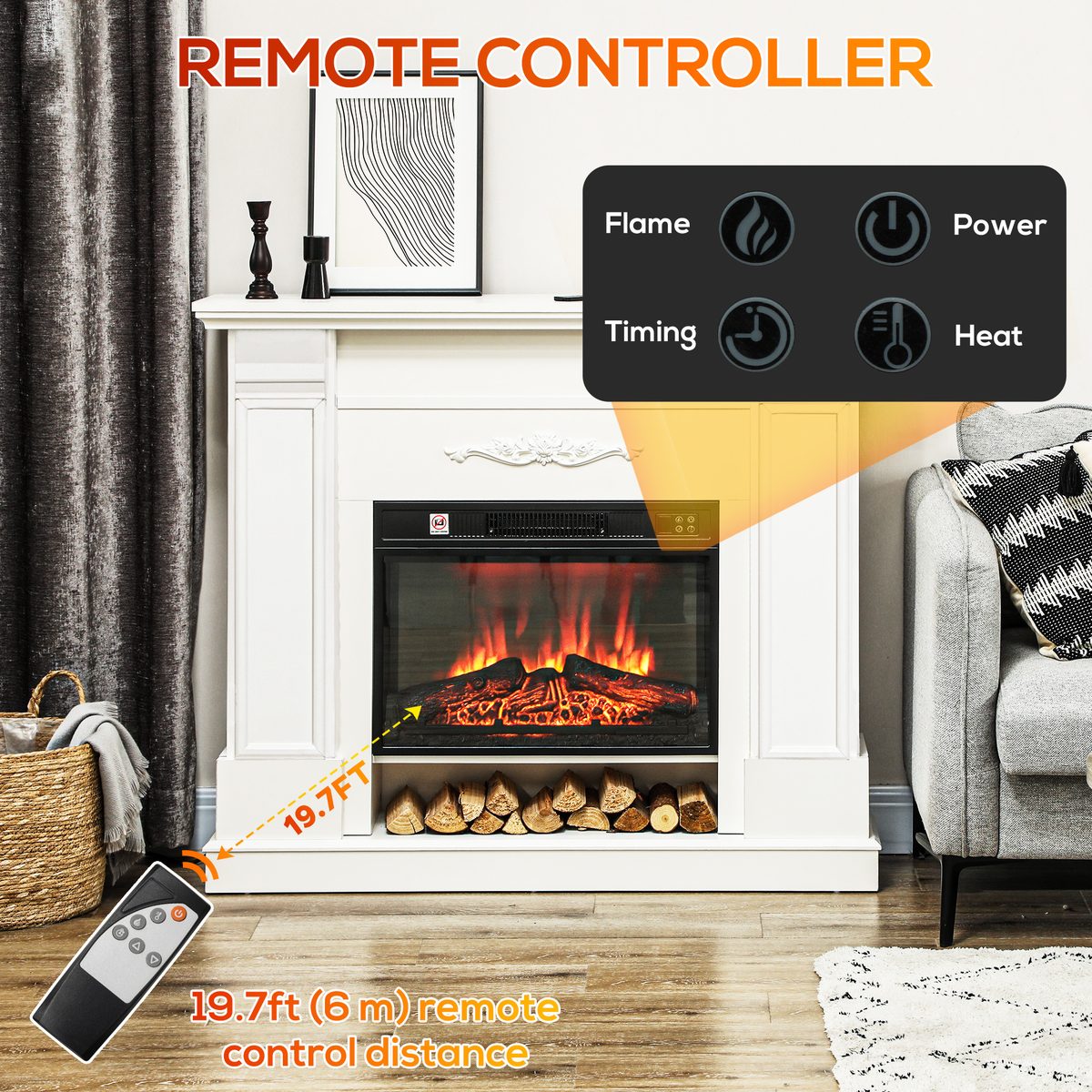  46" Electric Fireplace with Mantel and Shelf, 1400W Fireplace Heater with Realistic Log and Flame Effect, White