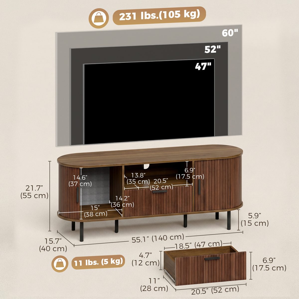  TV Stand for TVs up to 60", Modern Entertainment Center with Curved Sliding Doors and Storage, Brown
