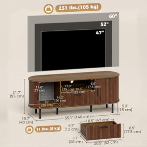  TV Stand for TVs up to 60", Modern Entertainment Center with Curved Sliding Doors and Storage, Brown