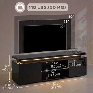  TV Stand for TVs up to 60 Inch, Modern Entertainment Center with LED Lights and Power Outlets, High Gloss Black