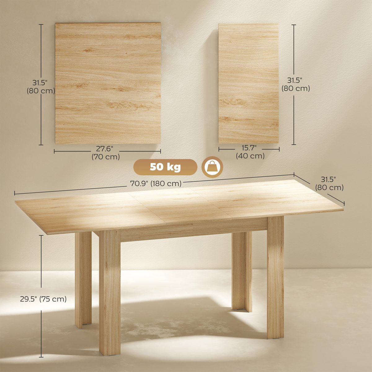  Modern Extendable Dining Table, 55.1 x 31.5 in, for 6-8 People, Expandable Dining Table for Kitchen, Natural Wood