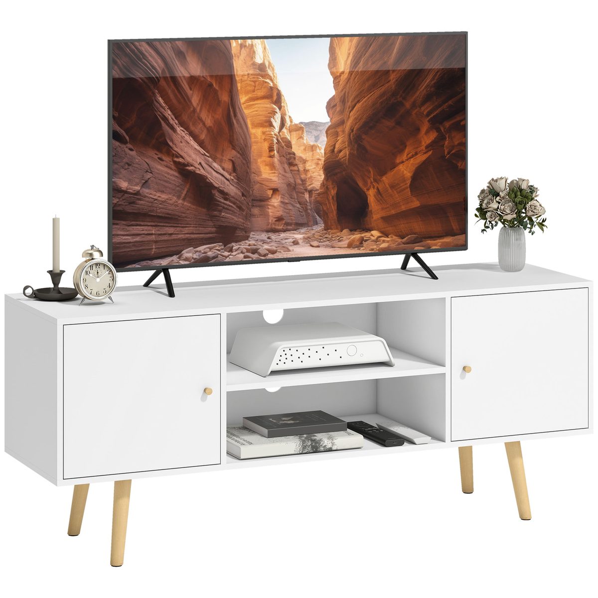  TV Stand Cabinet for TVs up to 55 Inches, Entertainment Unit with Storage Shelves and Wood Legs for Living Room, White