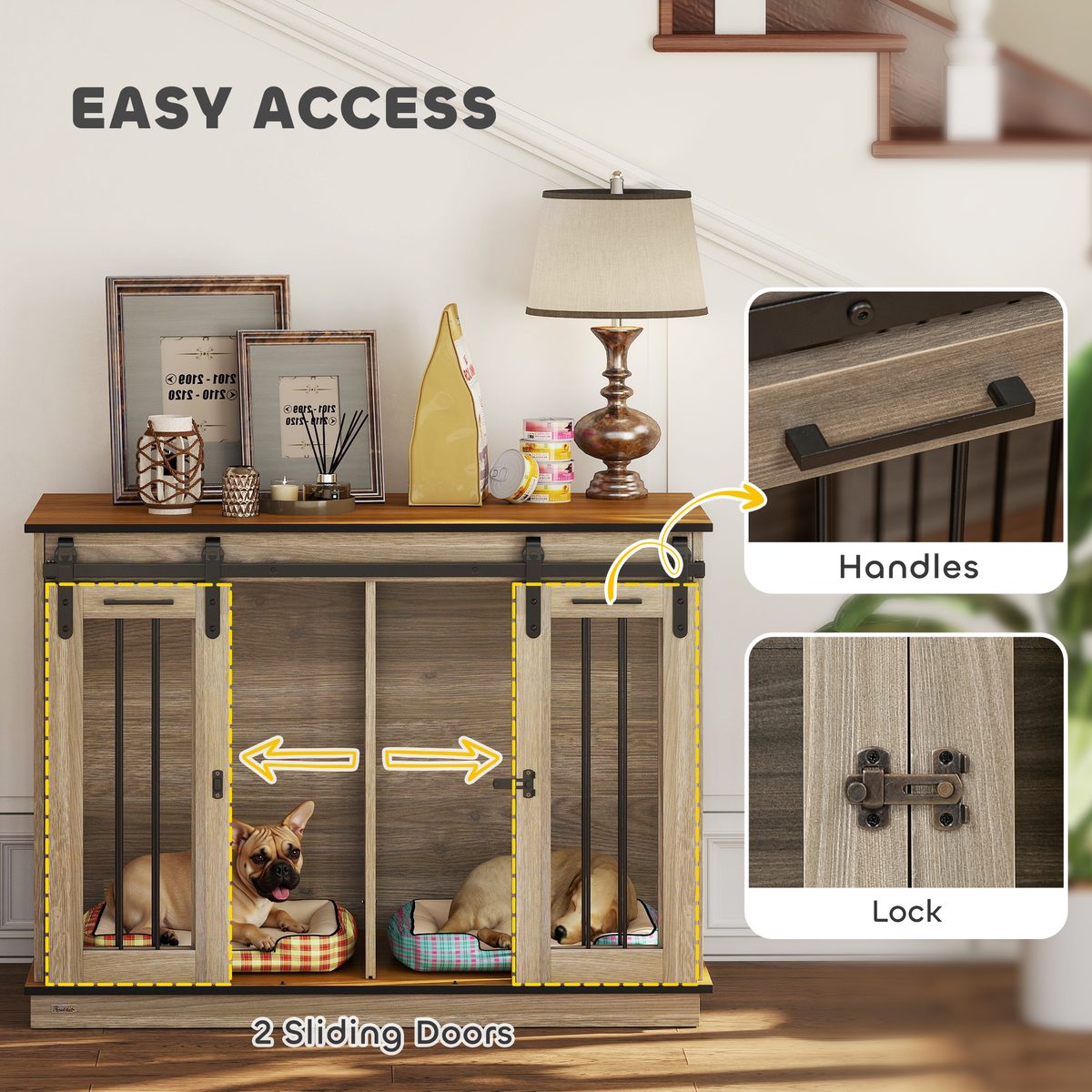  47in Dog Crate Furniture with Divider Panel, Wooden Dog Kennel TV Stand for Large Dogs, Pet House Side Table for 2 Small Dogs with Two Rooms Design, 2 Sliding Doors, Oak