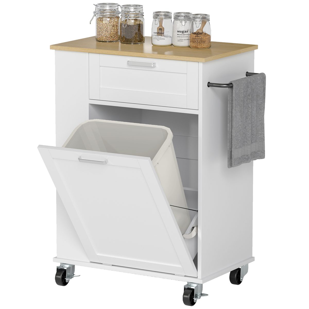  Rolling Kitchen Island with Trash Can Storage, Kitchen Island on Wheels with Spice & Rack, Drawer for Kitchen, White
