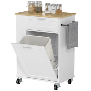  Rolling Kitchen Island with Trash Can Storage, Kitchen Island on Wheels with Spice & Rack, Drawer for Kitchen, White