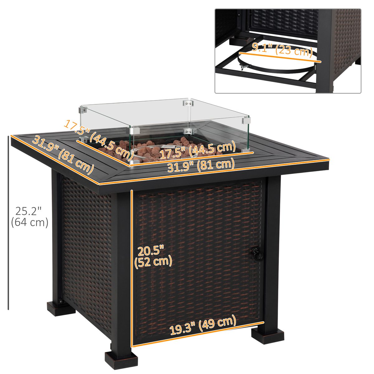 32" Propane Gas Fire Pit Table, 50,000 BTU Square Patio Table with Fire Pit, Wind Guard, Lid, CSA Certified, Black