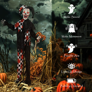  Life Size Halloween Animated Clown with Red Light Up Eyes, Sound Activated Scary Halloween Decorations, Battery Operated