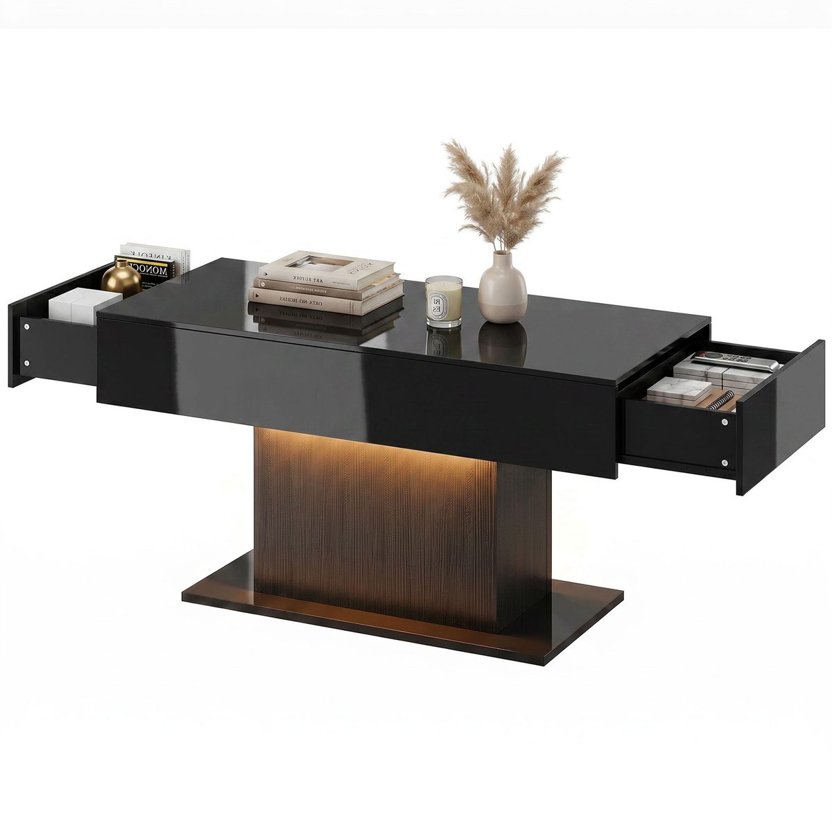  LED Coffee Table with Storage, High Gloss Modern Center Table with 2 Drawers and Remote Control for Living Room, Black