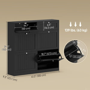  Shoe Cabinet with 2 Large Flip Drawers, Farmhouse Narrow Shoe Storage Cabinet with 2 Top Compartments, Black