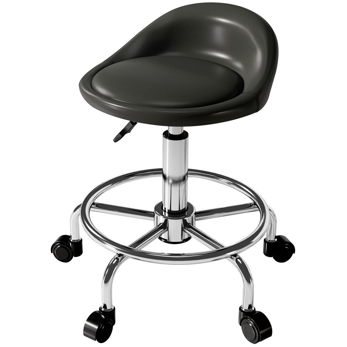  PU Leather Rolling Stool, Height Adjustable Swivel Salon Chair with Backrest and Foot Rest for Spa, Tattoo, Black
