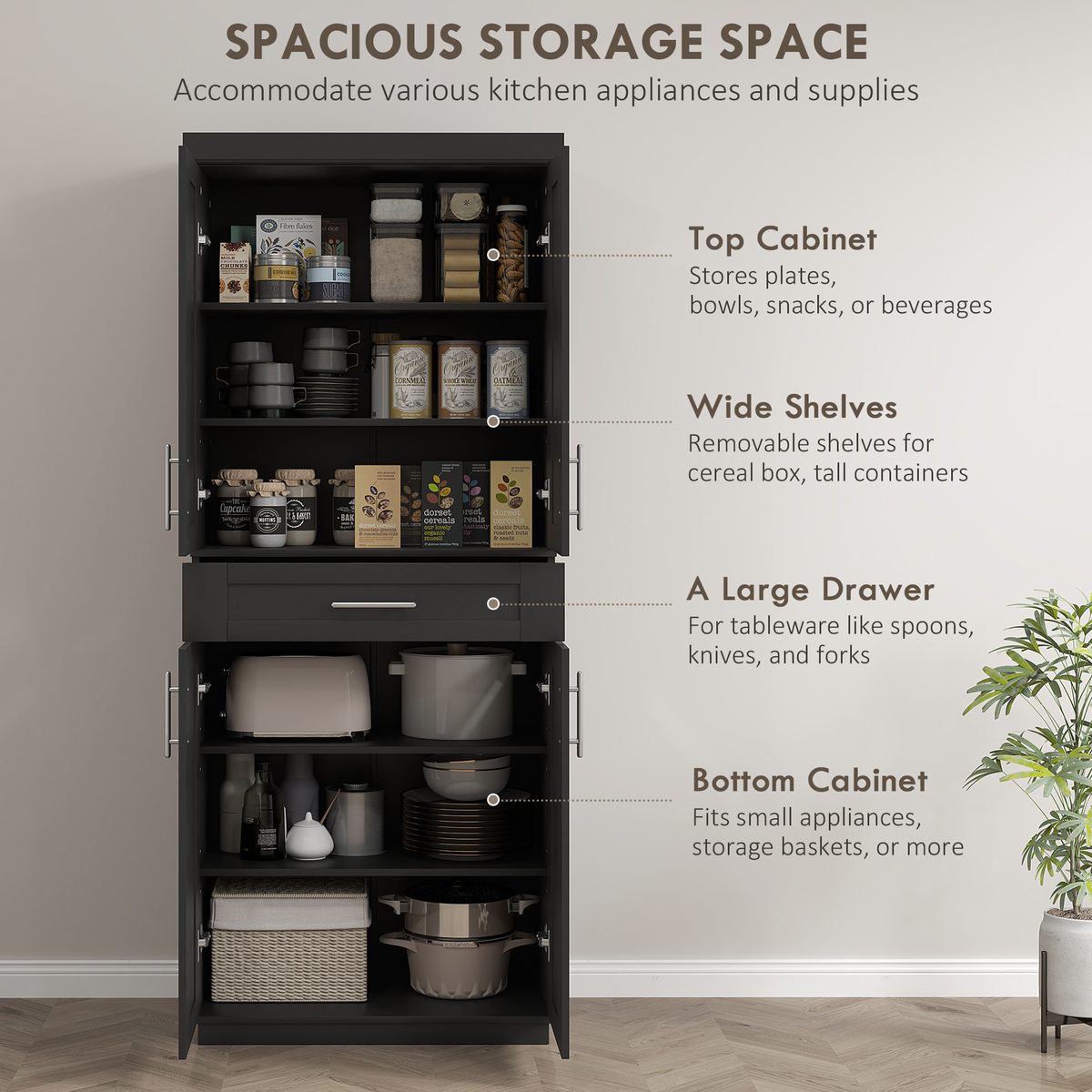  72" Storage Cabinet, Freestanding Kitchen Pantry Cabinet with 4 Doors, Drawer and 3 Adjustable Shelves, Black