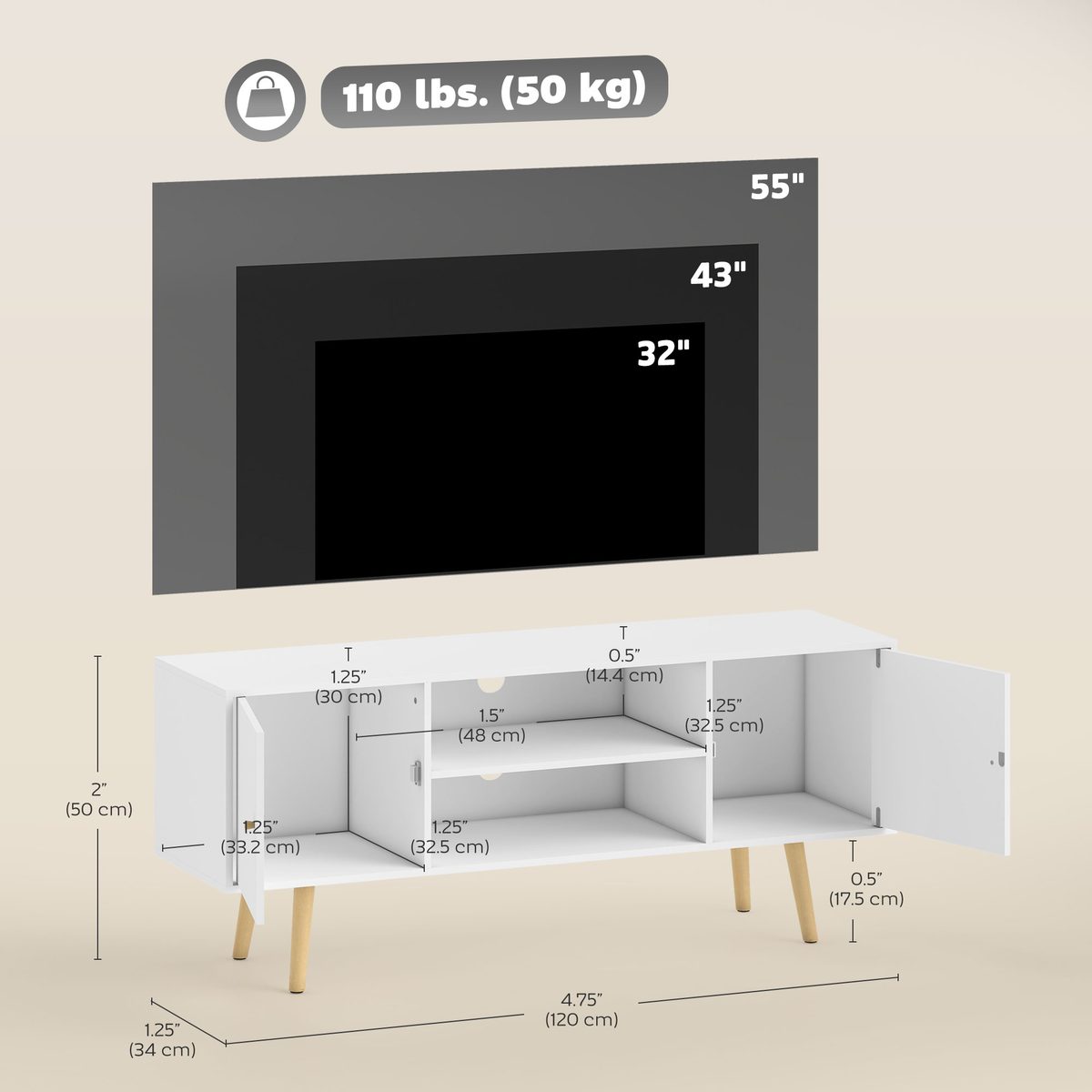  TV Stand Cabinet for TVs up to 55 Inches, Entertainment Unit with Storage Shelves and Wood Legs for Living Room, White