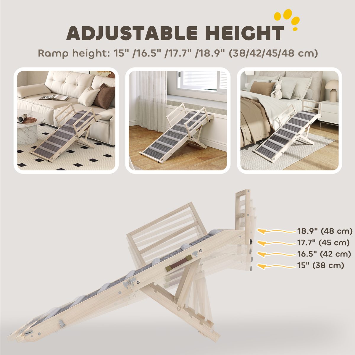  Dog Ramp, Folding Pet Ramp, 4 Adjustable Height from 15" to 19", Pet Stairs with Side Rails for Small to Large Dogs
