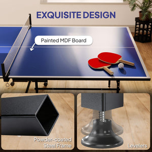 Soozier Full Size Table Tennis Table, Folding Ping Pong Table with Net, Paddles, Balls and Wheels, Blue