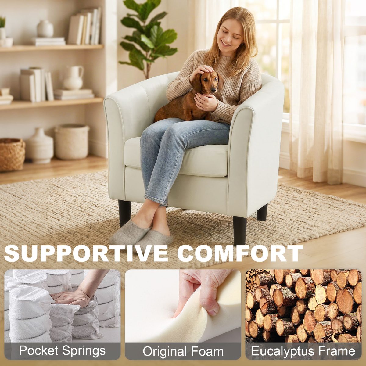  Accent Chair Modern Upholstered Living Room Chair with Ottoman and Pocket Spring Cushion Cream White