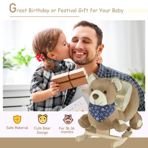 Qaba Baby Rocking Horse Bear Design Plush Stuffed Rocking Chair, Wooden Rocking Horse with Sound, Seat Belt for Boys and Girls Gift, Brown