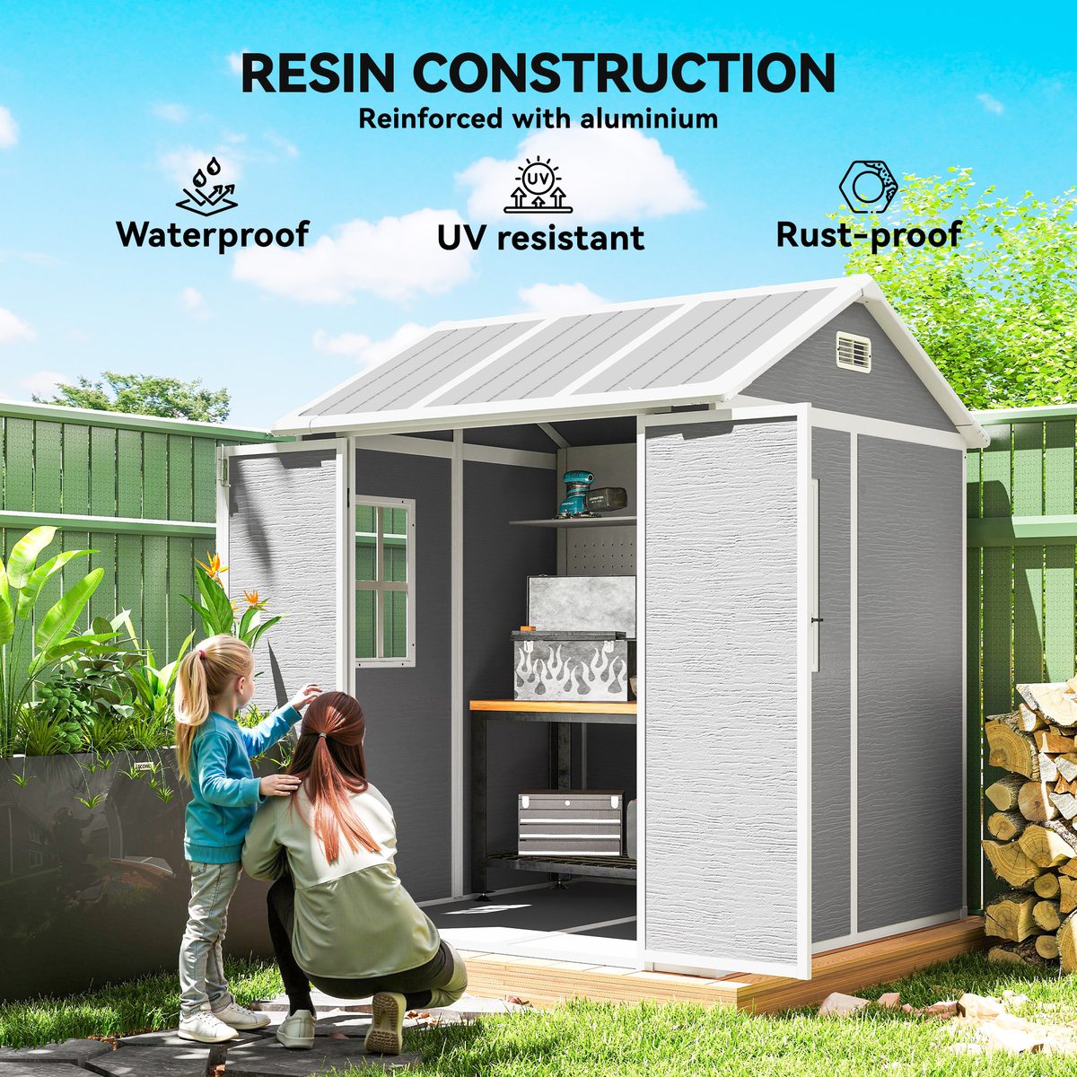  6' x 6' Resin Outdoor Storage Shed with Floor, Window, Lockable Doors and Vents for Backyard Patio Lawn, Grey
