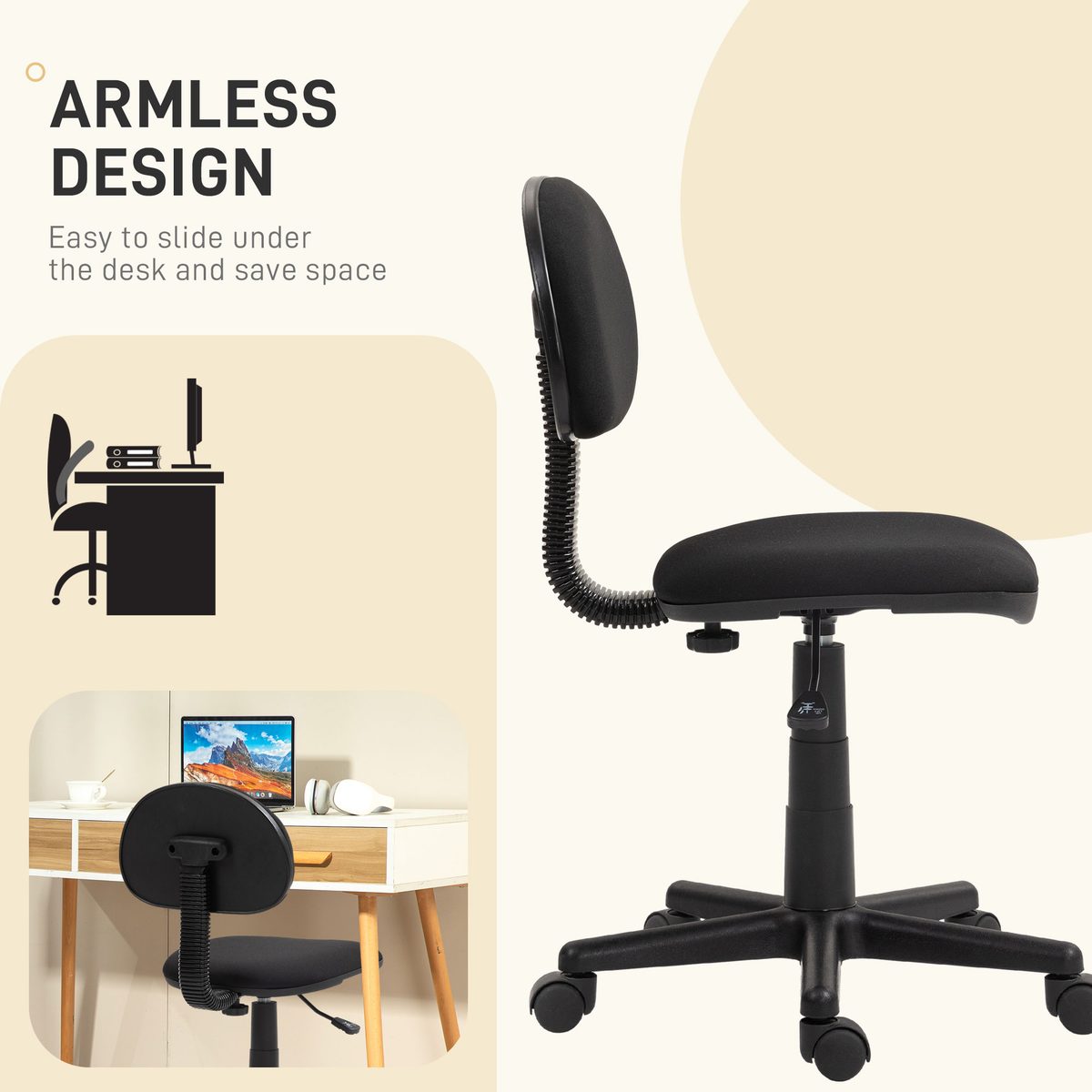  Small Desk Chair, Armless Office Chair with Adjustable Height, 360° Swivel Wheels, Low Back for Small Spaces, Black