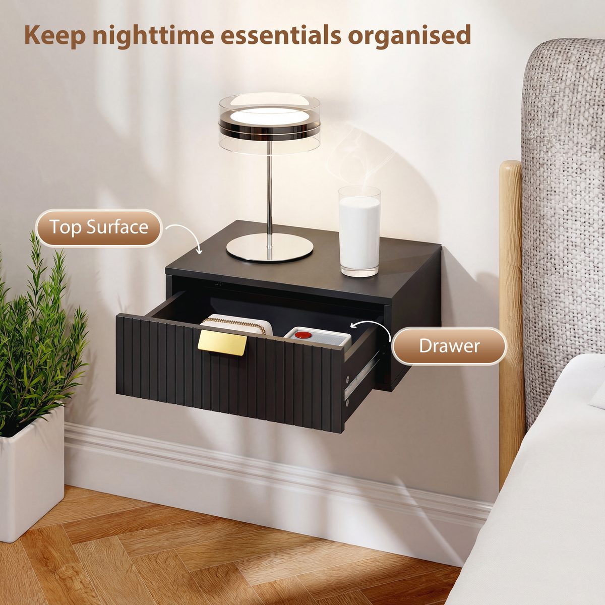  Modern Floating Nightstands Set of 2, Wall Mounted Bedside Tables with Wave Drawer Black